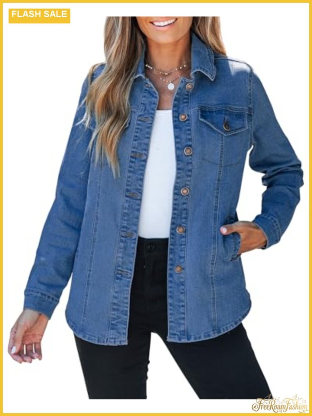 Oversized Denim Jacket Women Long Sleeve Button Up Shacket with Pockets